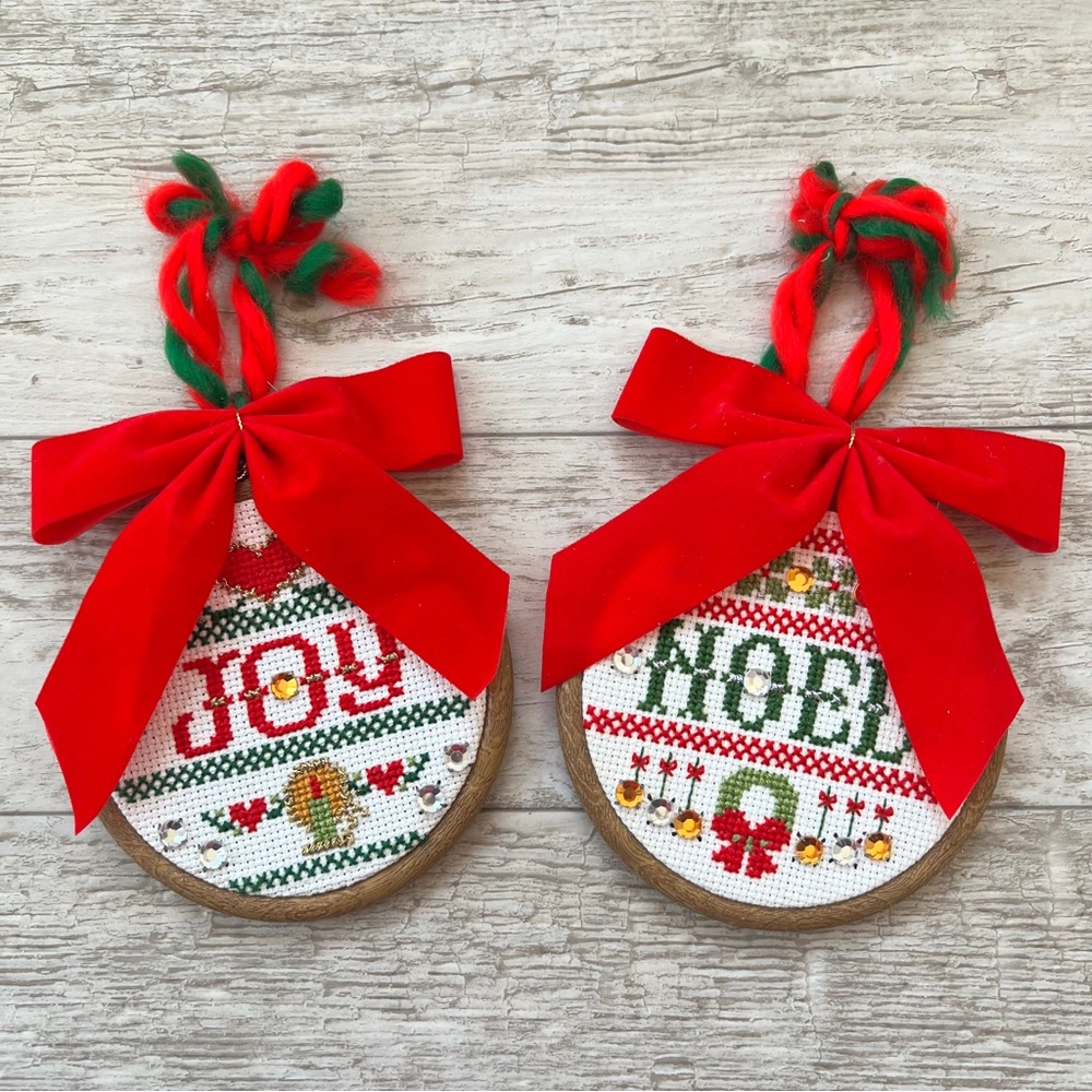 Handmade Holiday 'JOY' and 'NOEL' Cross Stitch Ornaments with Red Bow - Set of 2
